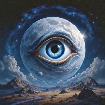 The primary subject of the image is a large, blue, human-like eye with a moon in the background. The eye is situated in a desert-like environment, with a river nearby. The visual style of the image is a combination of digital art and illustration, creating a surreal and intriguing scene. The dominant colors in the image are blue and brown, with the blue eye and the brown desert landscape creating a striking contrast. The overall atmosphere of the image is mysterious and captivating.